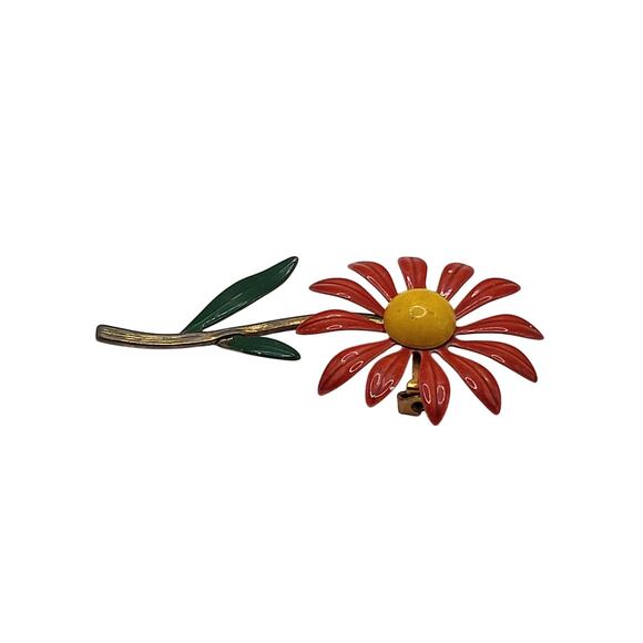 Vintage Red Enamel Daisy Flower Brooch Mod 1960s Yellow Center Pin - Picture 3 of 4